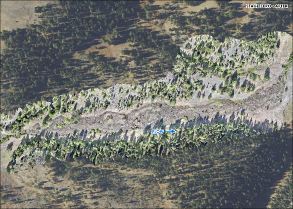 Aerial view of river valley after the restoration project, with a wider area for the river to flow.