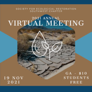 Announcement of 2021 Virtual Conference with background picture of dry splitting desert soil with water drop and seedling superimposed